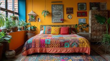 ai généré confortable chambre intérieur avec chaud couleurs et Naturel lumière dans une moderne Accueil photo