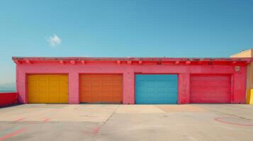 ai généré rangée de vivement coloré garage des portes dans parking lot photo