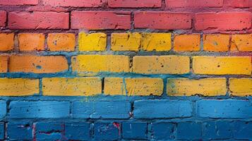 ai généré coloré brique mur avec rouge, jaune, bleu, et rose photo