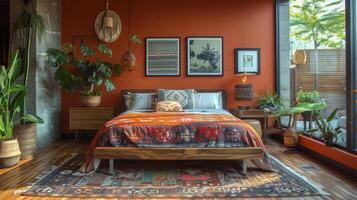 ai généré confortable chambre intérieur avec chaud couleurs et Naturel lumière dans une moderne Accueil photo