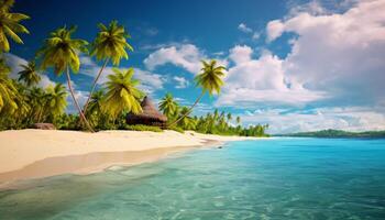 ai généré tropical plage, turquoise mer eau, océan vague, Jaune sable, vert palmiers, Soleil bleu ciel, blanc des nuages, magnifique paysage marin, ai généré. photo