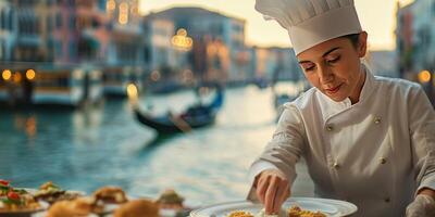 ai généré femelle chef garnitures une plat en plein air avec Venise canal et gondoles dans le toile de fond photo