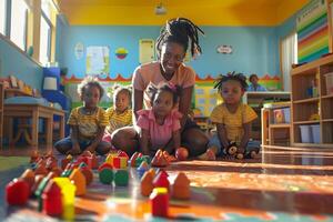 ai généré joyeux préscolaire prof avec les enfants dans salle de jeux photo