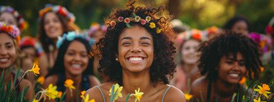 ai généré groupe de divers, content femmes portant floral couronnes, profiter une été Festival photo