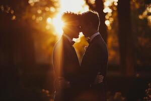ai généré un intime silhouette de une couple étreindre à crépuscule avec une chaud le coucher du soleil lueur photo