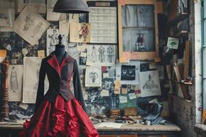 ai généré mannequin orné avec une rouge robe des stands dans une Créatif mode de créateur ancien atelier photo