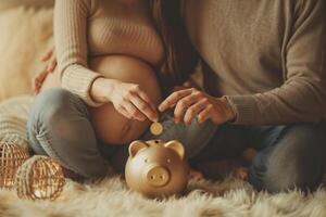 ai généré Enceinte femme avec partenaire insertion pièce de monnaie dans porcin banque, en train de préparer pour futur les dépenses photo