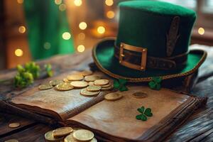 ai généré magique st. patrick's installer avec une ancien livre, vert chapeau, or pièces de monnaie, et trèfle sur une en bois table photo