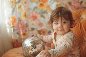 ai généré peu enfant avec disco Balle sur floral toile de fond photo