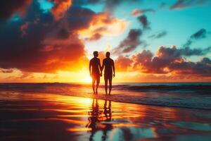 ai généré silhouette gay couple en portant mains pendant une romantique le coucher du soleil marcher le long de le littoral photo