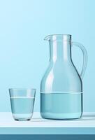 ai généré verticale coup de clair pur l'eau pour boisson dans cruche ang transparent verre sur solide bleu arrière-plan, studio lumière photo