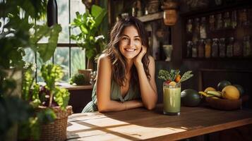 ai généré le scène de une radiant Jeune femme avec une contagieux sourire en portant une vibrant vert smoothie, assise à une rustique en bois table dans une ensoleillé café photo