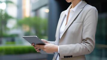 ai généré fermer Capturer de un asiatique femme d'affaires main, élégamment en portant une mobile languette tandis que en fonctionnement une numérique tablette photo