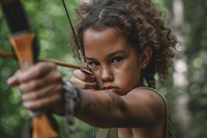 ai généré proche en haut enfant tournage une arc à été camp. génératif ai photo