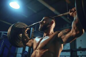 ai généré homme Faire musculation dans gymnase. génératif ai photo