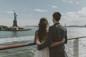 ai généré couple dans l'amour sur le plate-forme de une Nouveau york luxe croisière bateau. génératif ai photo