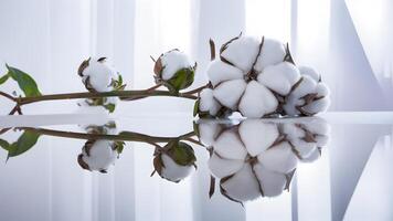 ai généré pureté transmis par coton plante réflexion sur doux blanc toile de fond photo