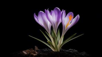 ai généré image violet crocus printemps fleur isolé sur noir arrière-plan, frappant image photo