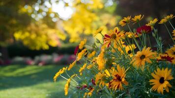 ai généré tomber jardin parc flou Contexte avec magnifique l'automne saisonnier fleurs photo