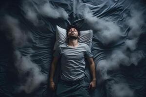 ai généré anxieux homme Souffrance de insomnie sur lit. produire ai photo