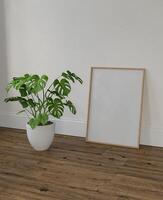 Cadre intérieur, maquette cadre, affiche bois verticale sur en bois sol dans vide image intérieur dans illustration et plante 3d le rendu. photo