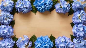 ai généré bleu hortensia fleurs arrangé comme floral frontière Cadre photo