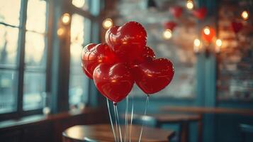 ai généré rouge des ballons flottant dans le air photo