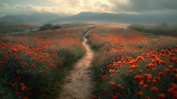 ai généré chemin par champ de fleurs photo