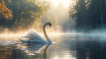 ai généré blanc cygne nager sur Lac photo