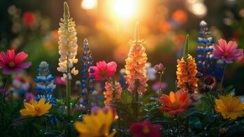 ai généré fleurs épars dans herbe photo