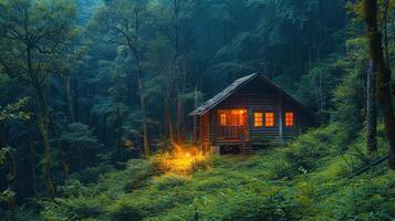 ai généré petit cabine entouré par forêt photo