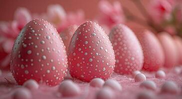 ai généré rangée de rose et blanc polka point des œufs photo