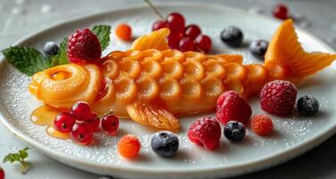 ai généré blanc assiette avec poisson et fruit photo