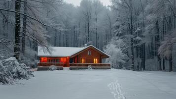 ai généré cabine dans le neigeux forêt photo