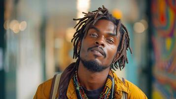 ai généré homme avec dreadlocks permanent dans de face de bâtiment photo