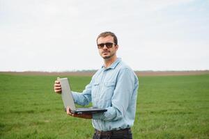 agriculteur permanent dans Jeune blé champ examiner surgir et à la recherche à portable. photo