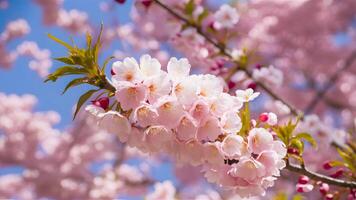 ai généré Contexte de Cerise fleur arbre dans délicat rose Floraison photo