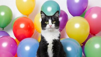 ai généré noir et blanc chat à coloré ballon faire la fête, blanc Contexte photo