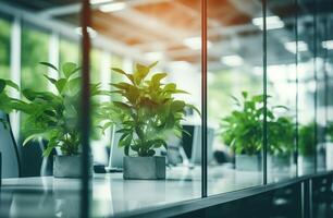 ai généré flou Bureau intérieur avec verre des murs et vert les plantes photo