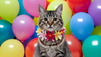 ai généré chat avec hawaïen fleur Collier à coloré ballon fête photo