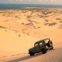 ai généré aventure dans vietnam jeep voiture sur mui ne le sable dunes pour social médias Publier Taille photo