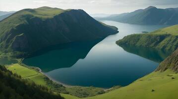 ai généré cœur de nature, où terre et l'eau embrasse dans une serein Lac au milieu de roulant collines photo