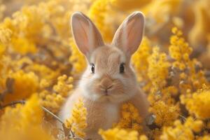 ai généré mignonne lapin dans printemps fleurs. photo