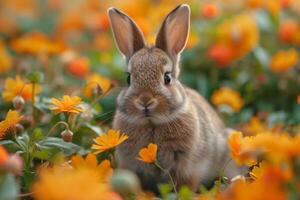 ai généré mignonne lapin dans printemps fleurs. photo