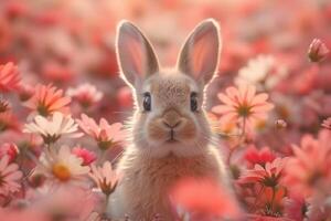 ai généré mignonne lapin dans printemps fleurs. photo