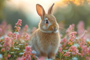 ai généré mignonne lapin dans printemps fleurs. photo