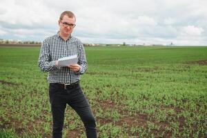 agriculteur sur une pois champ. agriculture concept. le agriculteur travaux dans le champ. végétalien végétarien Accueil grandi nourriture production. photo