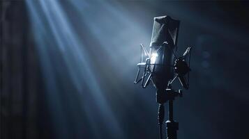 ai généré microphone studio pour enregistrement, streaming, jeu sur un vide enfumé foncé étape illuminé par projecteurs. photo