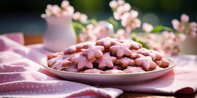 ai généré rose biscuits sur blanc assiette sur table dans été dans jardin avec une vase de fleurs sur vert Contexte photo