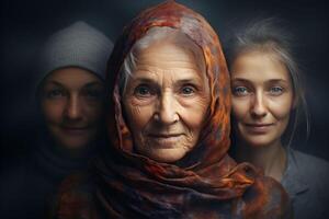 ai généré portraits de une grand-mère avec gris cheveux dans une écharpe et deux petites filles sur une gris Contexte. le concept de générationnel diversité, magnifique vieillissement et femelle indépendance. photo